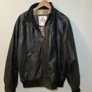 FLAVOR Black Leather Jacket Plaid Lining Pig Skin Men's Large Vintage